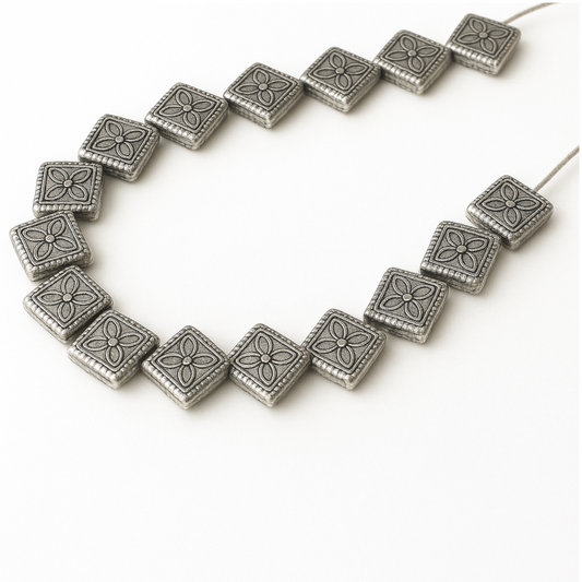 Silver Finish Flower Embossed Diamond Shape Pewter Beads - 8" Strand (Approx. 21 Beads) - Measuring 8mm x 10mm, Approx. - 1.5mm Hole Size