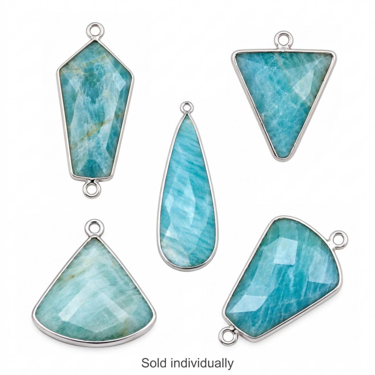 Five blue-green Amazonite pendants and connectors in silver-finish bezels, sold individually.