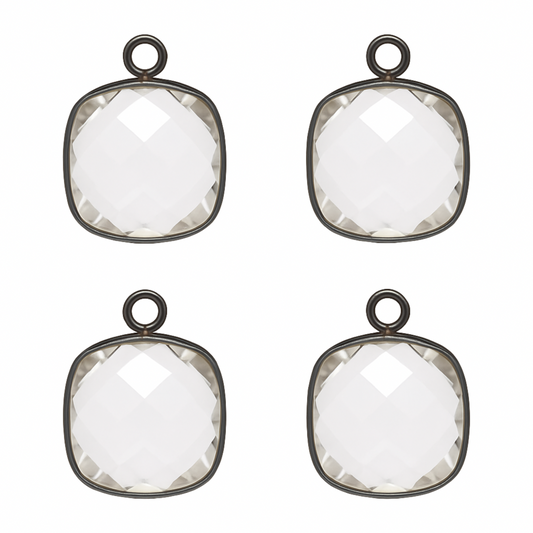 Gunmetal Plated Clear Hydro Quartz Pendant | 12mm Square Faceted Gemstone Charm | Lab-Created Quartz Bezel Connector for Jewelry Making