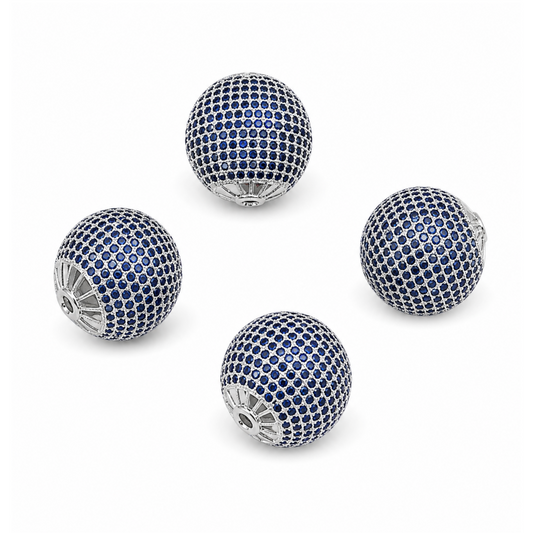 Dark Blue CZ Cubic Zirconia Puffed Coin Bead – Silver Plated Copper, 25mm x 25mm, Inlaid Design, Round Shape, Jewelry Making Supply, Available in Multiple Colors