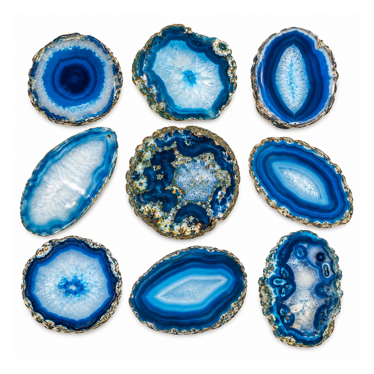 Blue agate geode slice showing natural color variation