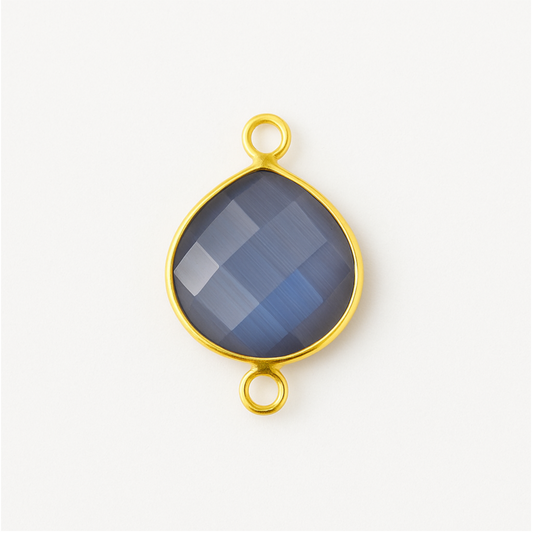 Gold Plated Faceted Synthetic Gray Cat's Eye (Manmade Glass) Heart/Teardrop Shaped Bezel Connector - Measuring 15mm x 15mm - Sold Individual