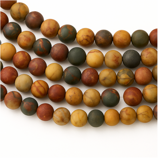 Natural Matte Picasso Jasper Semi-Gloss Finish Round/Ball Shaped Beads with 2mm Holes - 7.75" Strand- Available in 8mm &10mm