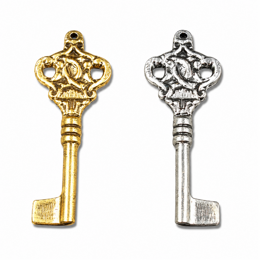"Antique skeleton key charms in oxidized gold and antique silver, brushed plated copper pendants for jewelry making"