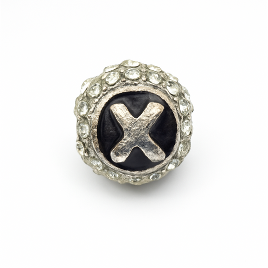 Silver 11mm Letter “X” Bead – Double-Sided Round Ball with Rhinestone Band, Inlaid Design, Jewelry Making Supplies, Sold Individually