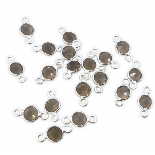 Sterling Silver Smoky Quartz Bezel Connectors – Faceted Gemstone Links with 2 Loops, 4mm Round Coin Cut Charms for Jewelry Making