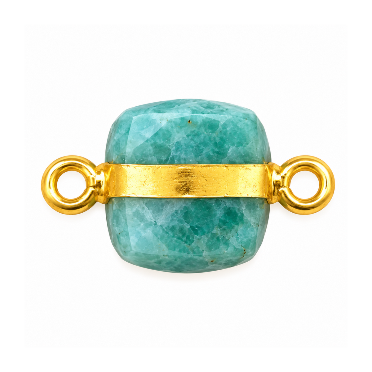 Faceted cube-shaped amazonite connector wrapped in a gold-plated band with two side loops.