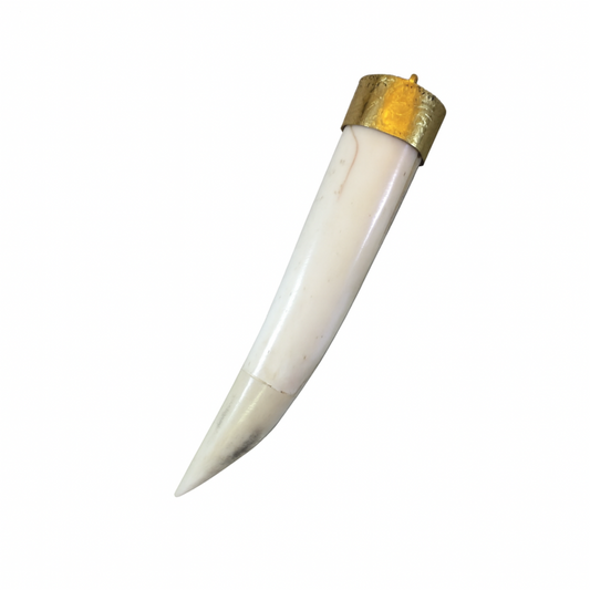 White Bone Tusk Pendant with Gold Floral Cap – 85mm Carved Tooth Shape Pendant for Jewelry Making, Boho Tribal Style – Sold Individually