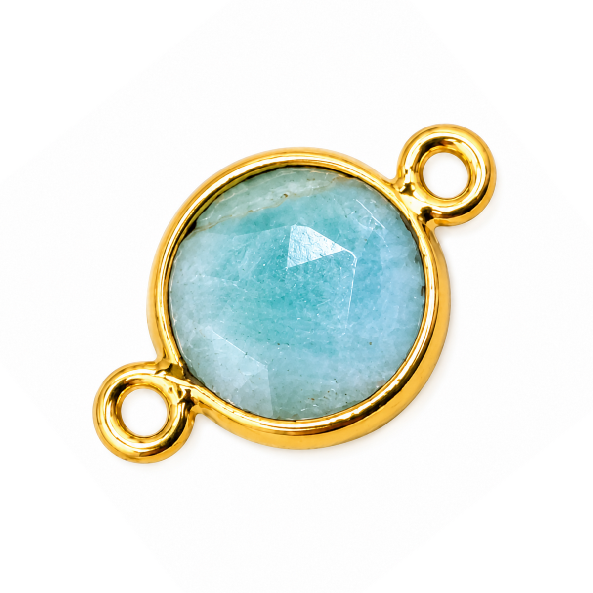 “Faceted round amazonite connector in a gold-plated bezel with two opposite attachment loops.”