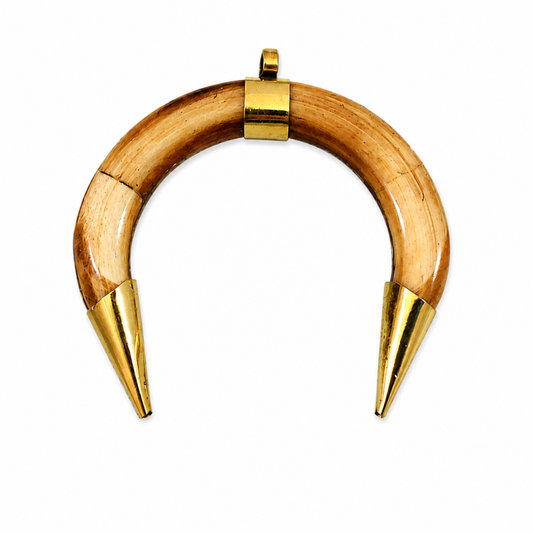 Ox Bone Crescent Pendant Light Brown Tusk Pendant with Gold Caps Boho Tribal Necklace Pendant Jewelry Making Supply