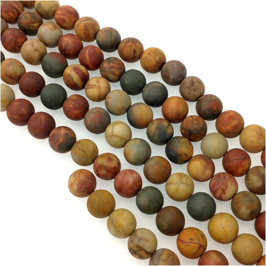 Natural Matte Picasso Jasper Semi-Gloss Finish Round/Ball Shaped Beads with 2mm Holes - 7.75" Strand- Available in 8mm &10mm