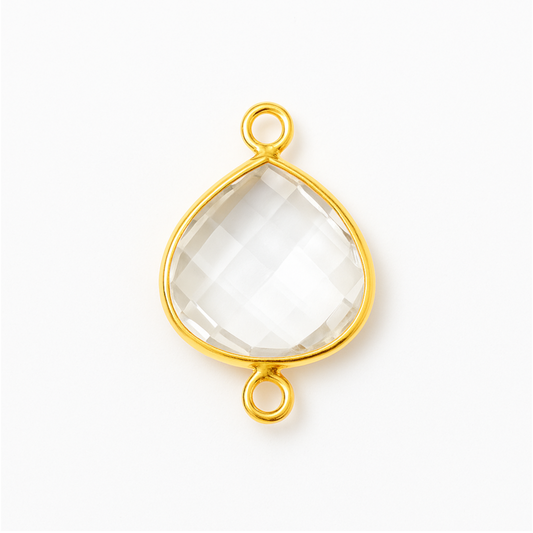 Clear Hydro Quartz Bezel | Gold Plated Faceted (Lab Created) Heart Teardrop Shaped Bezel Connector - Measuring 15mm x 15mm