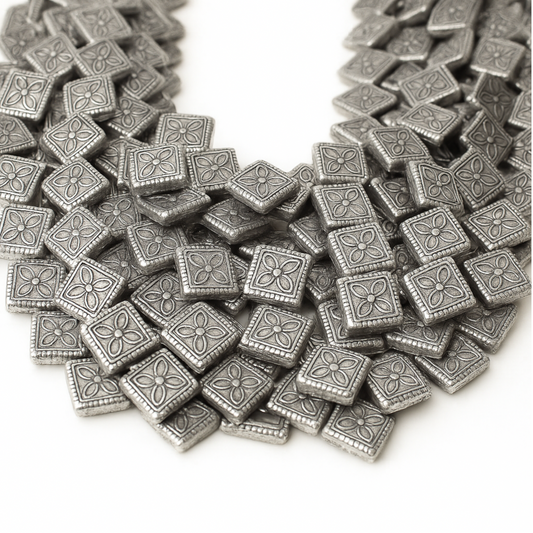 Silver Finish Flower Embossed Diamond Shape Pewter Beads - 8" Strand (Approx. 21 Beads) - Measuring 8mm x 10mm, Approx. - 1.5mm Hole Size