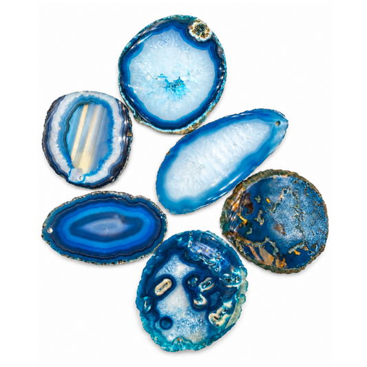 Polished blue agate geode slice with white banding and druzy sparkle