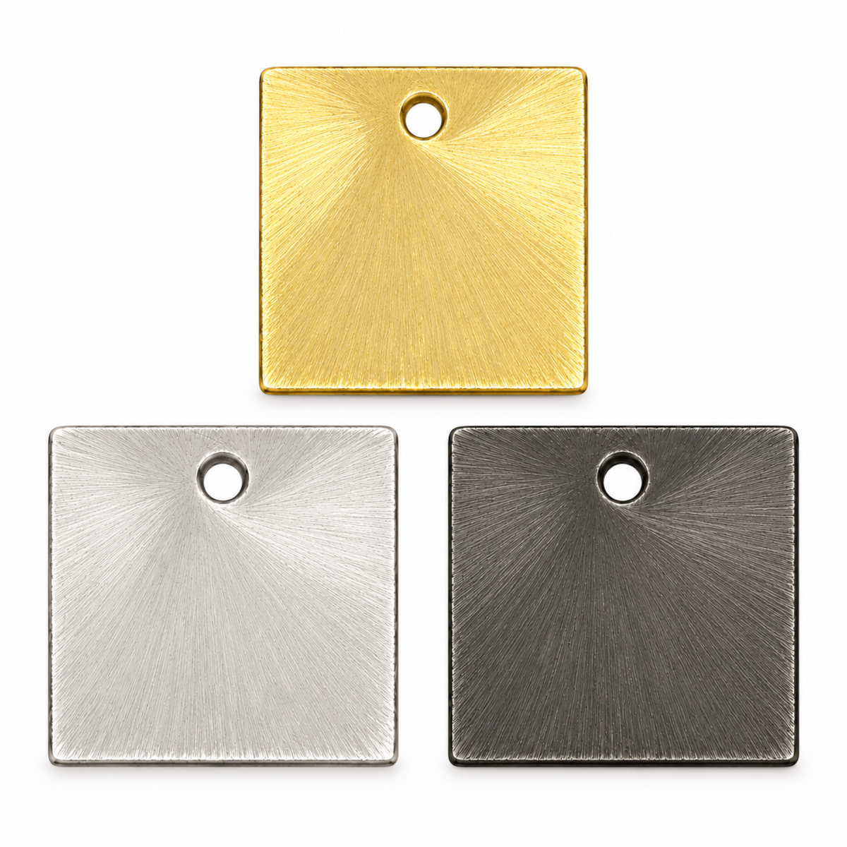 Square plated copper jewelry components in gold, silver, and gunmetal finishes