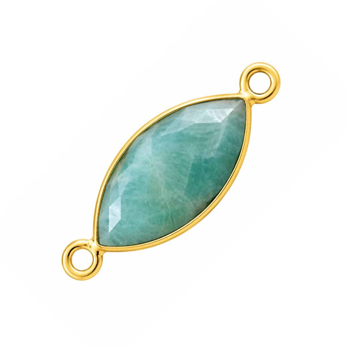 Faceted marquise-shaped amazonite connector with a gold-plated bezel and a loop at each pointed end.