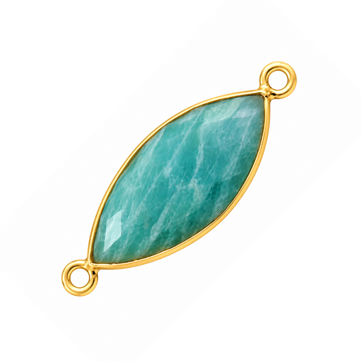 Elongated marquise amazonite connector with pale stone streaks, a gold-plated bezel and two end loops.