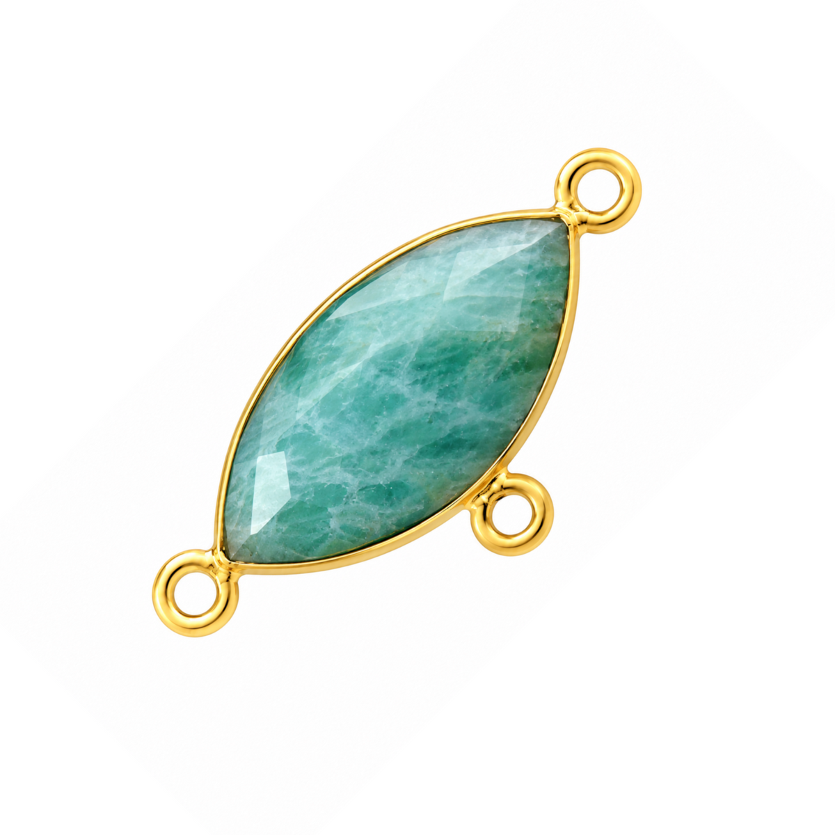 Faceted marquise-shaped amazonite connector in a gold-plated bezel with two end loops and one side loop.