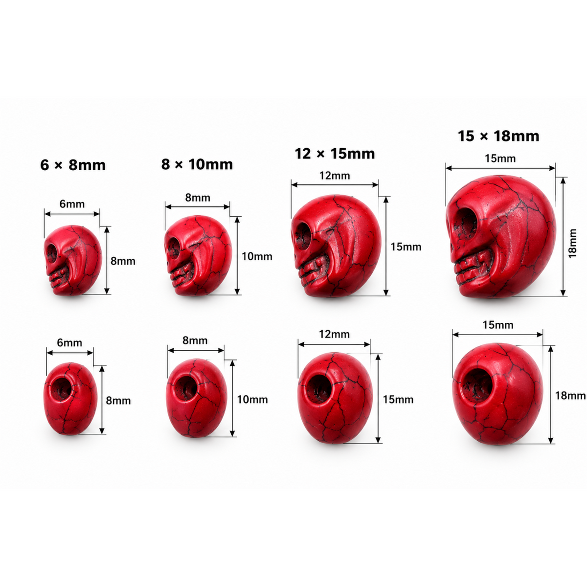 Red howlite skull bead size chart showing front and side views in 6 × 8mm, 8 × 10mm, 12 × 15mm, and 15 × 18mm
