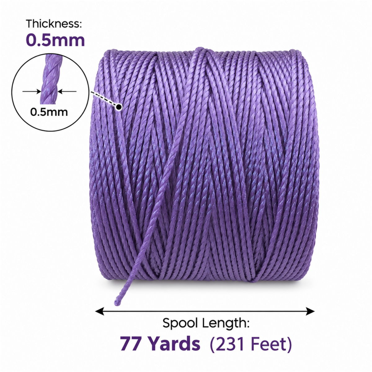 0.5mm measurement of medium purple Beadsmith S-Lon 210 cord