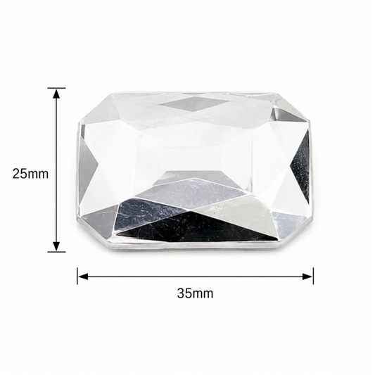 "Single 25x35mm silver faceted crystal glass bead with size measurements shown on white background"