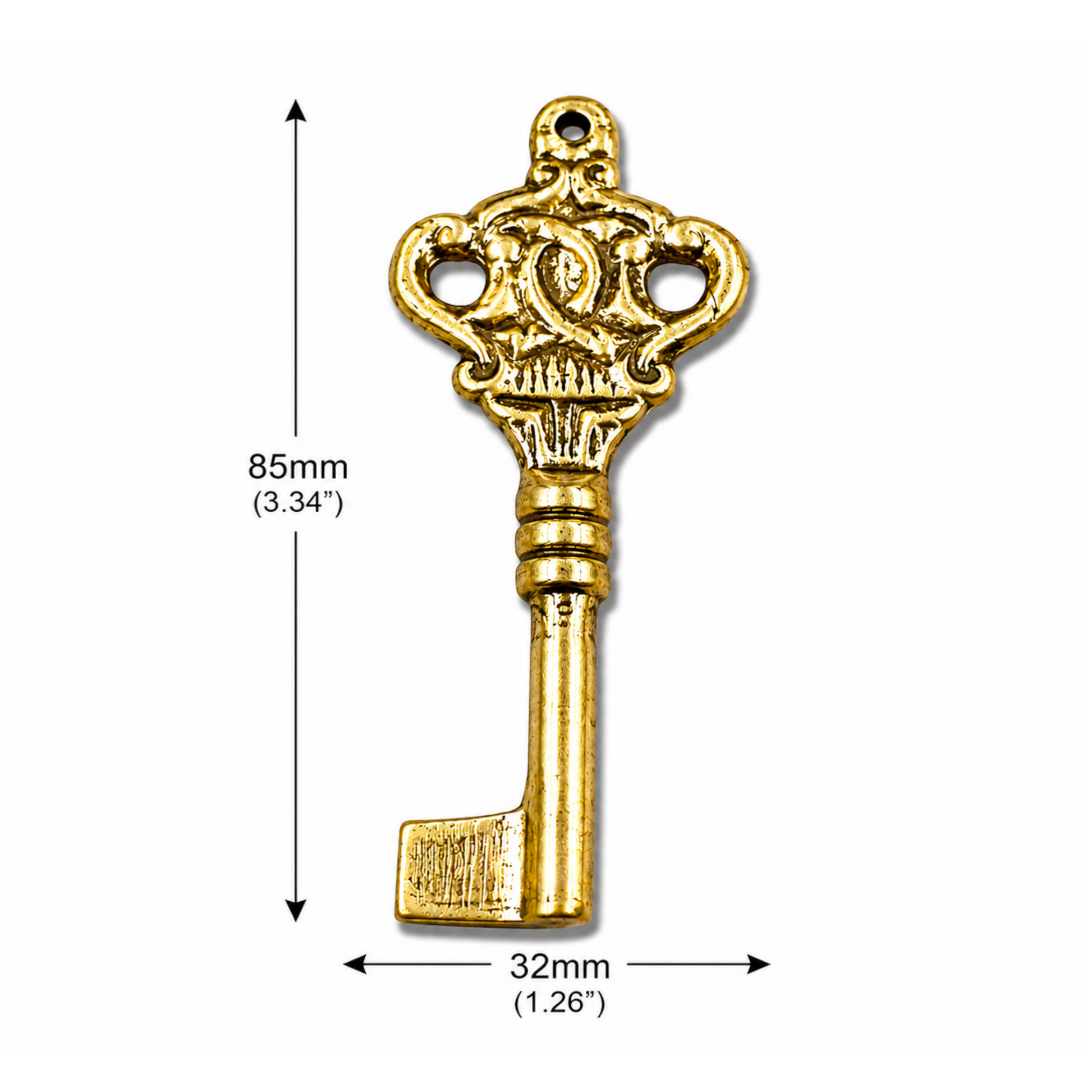  "Size diagram of antique gold skeleton key charm showing 85mm height and 32mm width measurements"