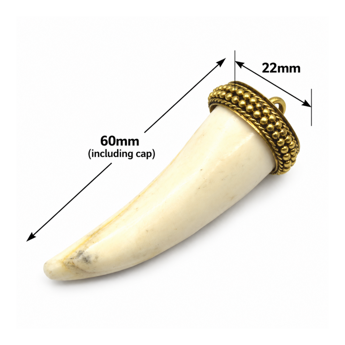 Size chart showing the ox bone tusk pendant measures 60 mm long including the cap and 22 mm wide