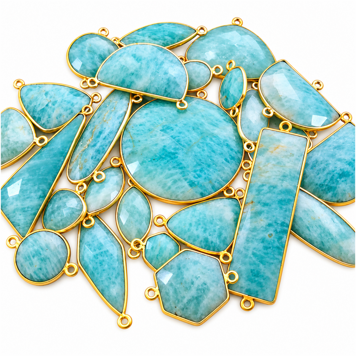 Assorted blue-green amazonite pendants and connectors in gold-plated bezels, in round, oval and geometric shapes.
