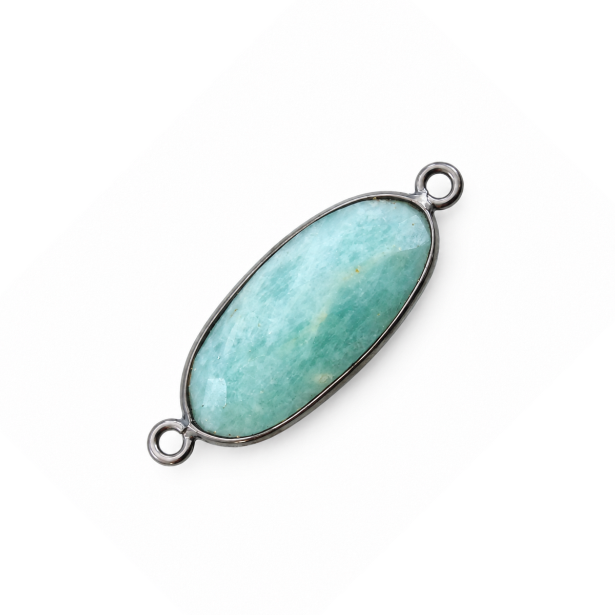 Natural amazonite oblong oval connector, 10 x 25 mm, with an aqua-green stone, gunmetal-plated bezel and two attachment loops.