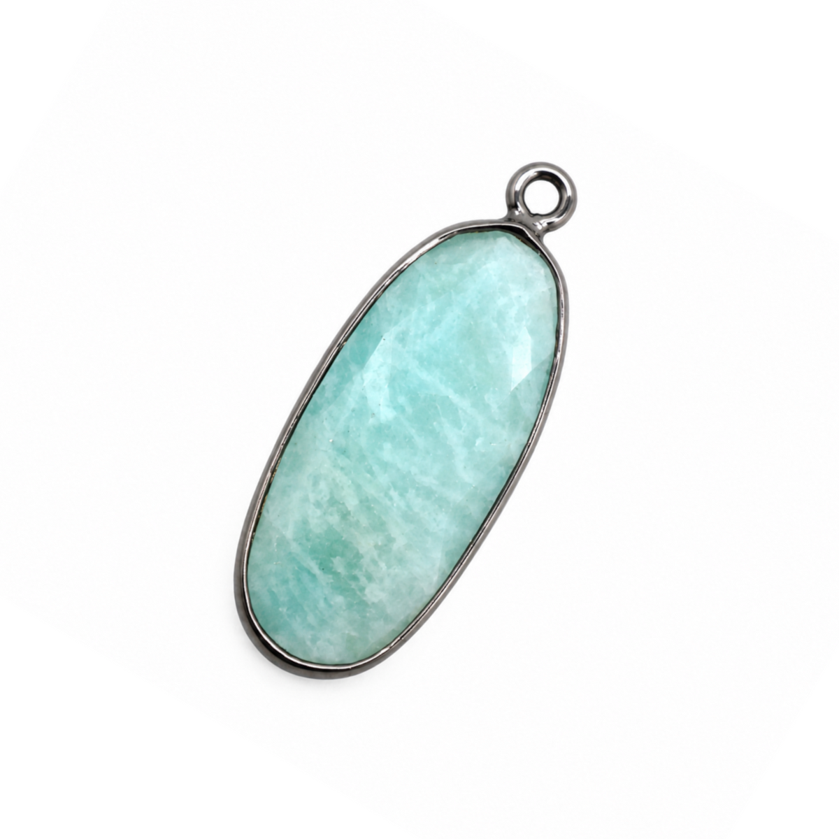 Natural amazonite oblong oval pendant, 10 x 25 mm, with a faceted pale aqua stone in a gunmetal-plated bezel.
