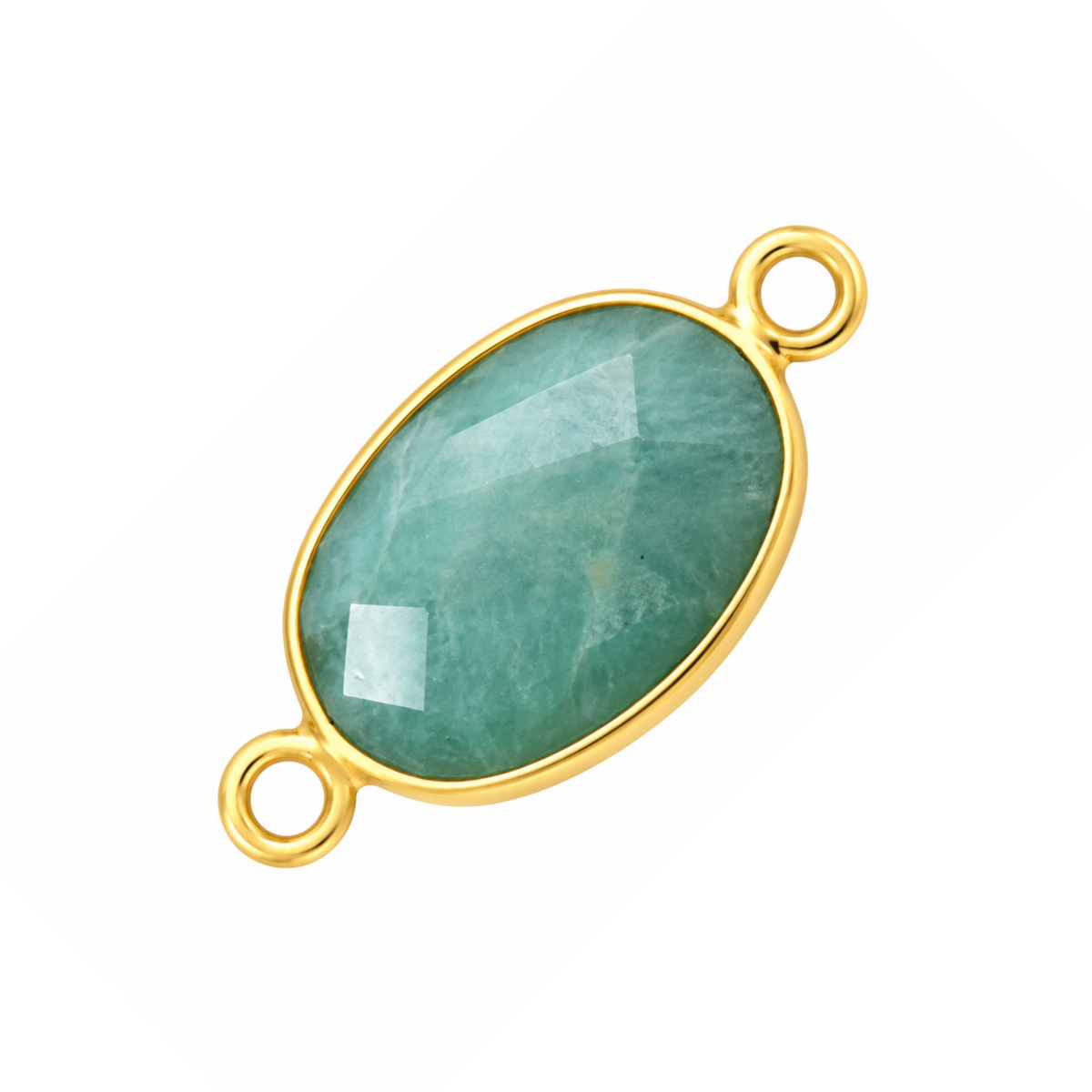 Faceted oval amazonite connector in a gold-plated bezel with two opposite attachment loops.