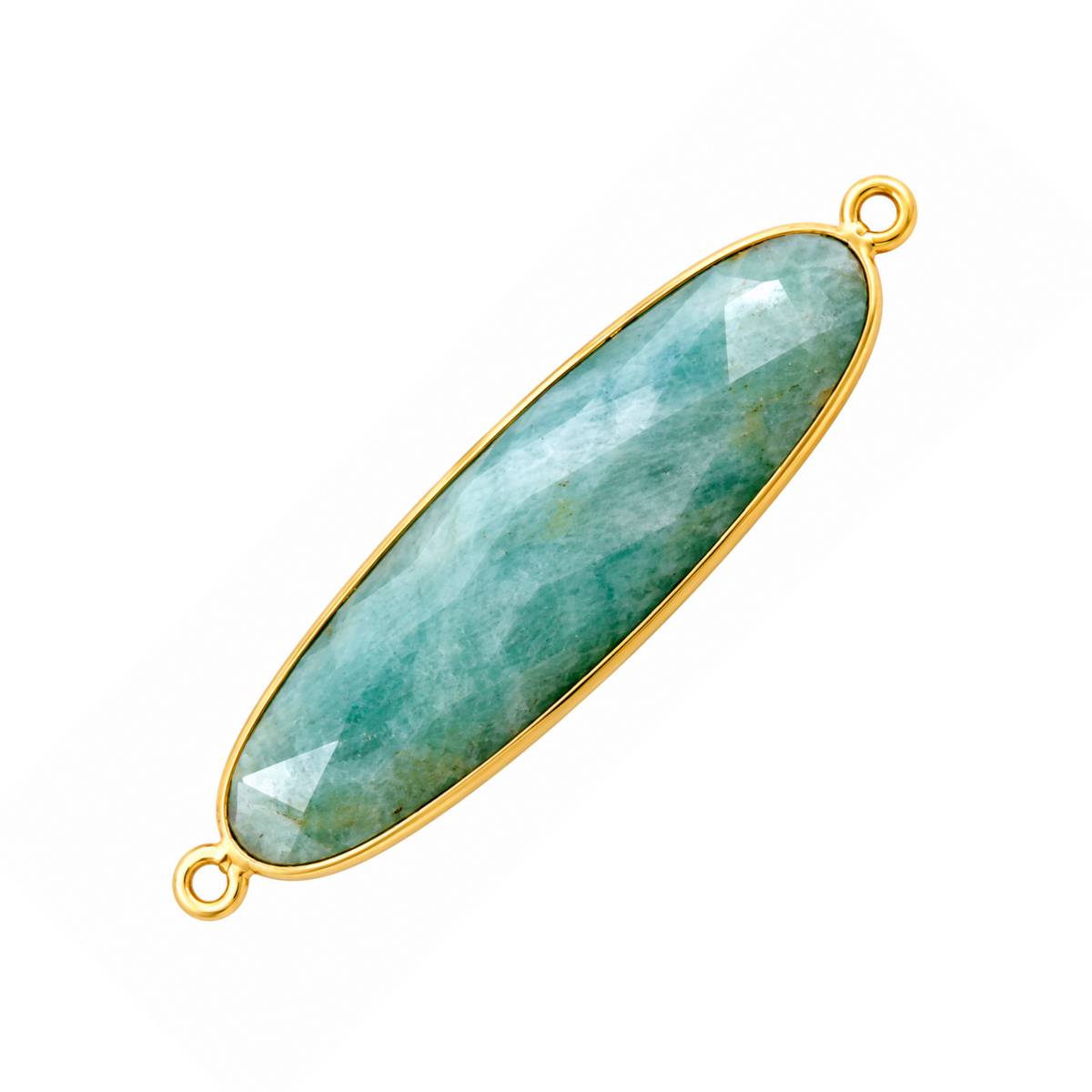 Long faceted oval amazonite connector with a gold-plated bezel and an attachment loop at each end.