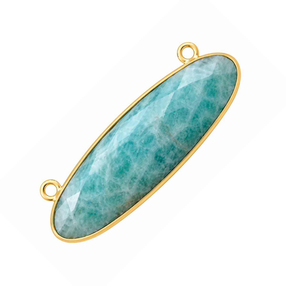 Long faceted oval amazonite connector in a gold-plated bezel with two loops along one side.