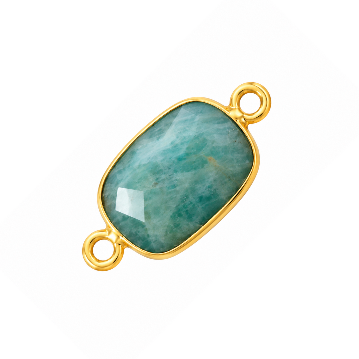 Faceted rounded rectangular amazonite connector in a gold-plated bezel with a loop at each end.