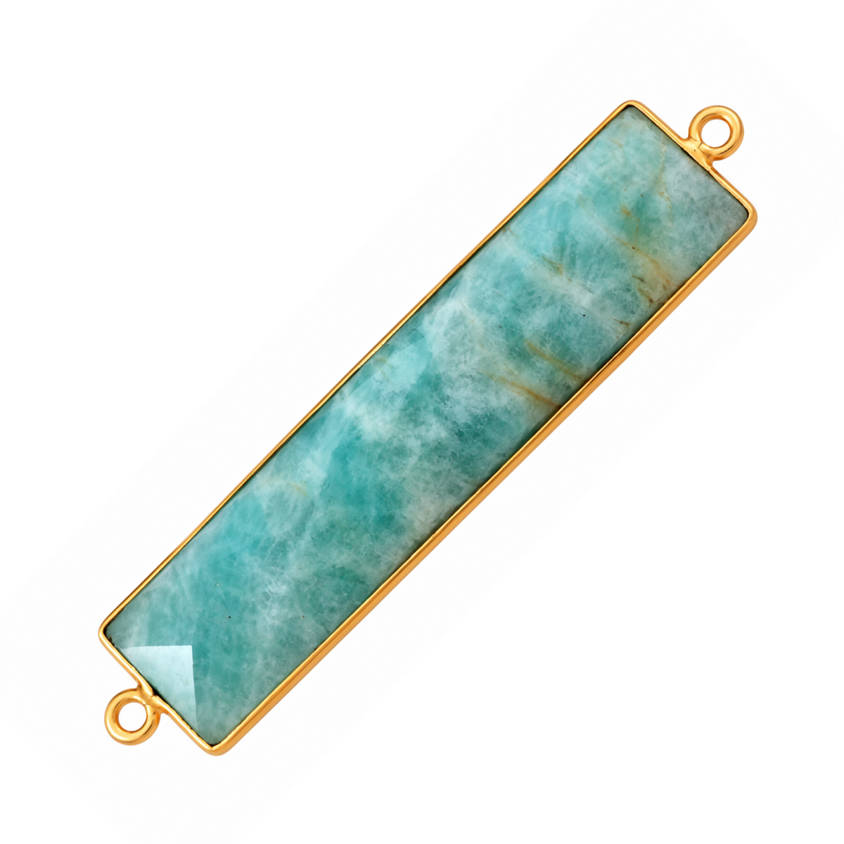 Long rectangular amazonite connector with a gold-plated bezel and an attachment loop at each short end.