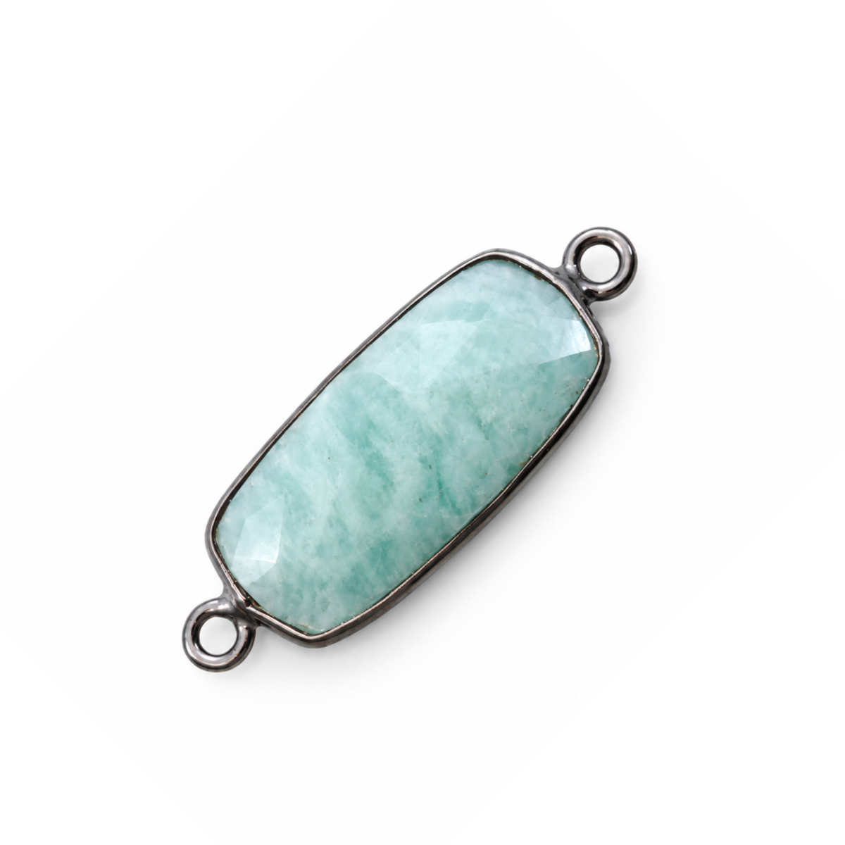 Natural amazonite rectangle connector, 10 x 20 mm, with a faceted pale aqua stone, gunmetal-plated bezel and two attachment loops.
