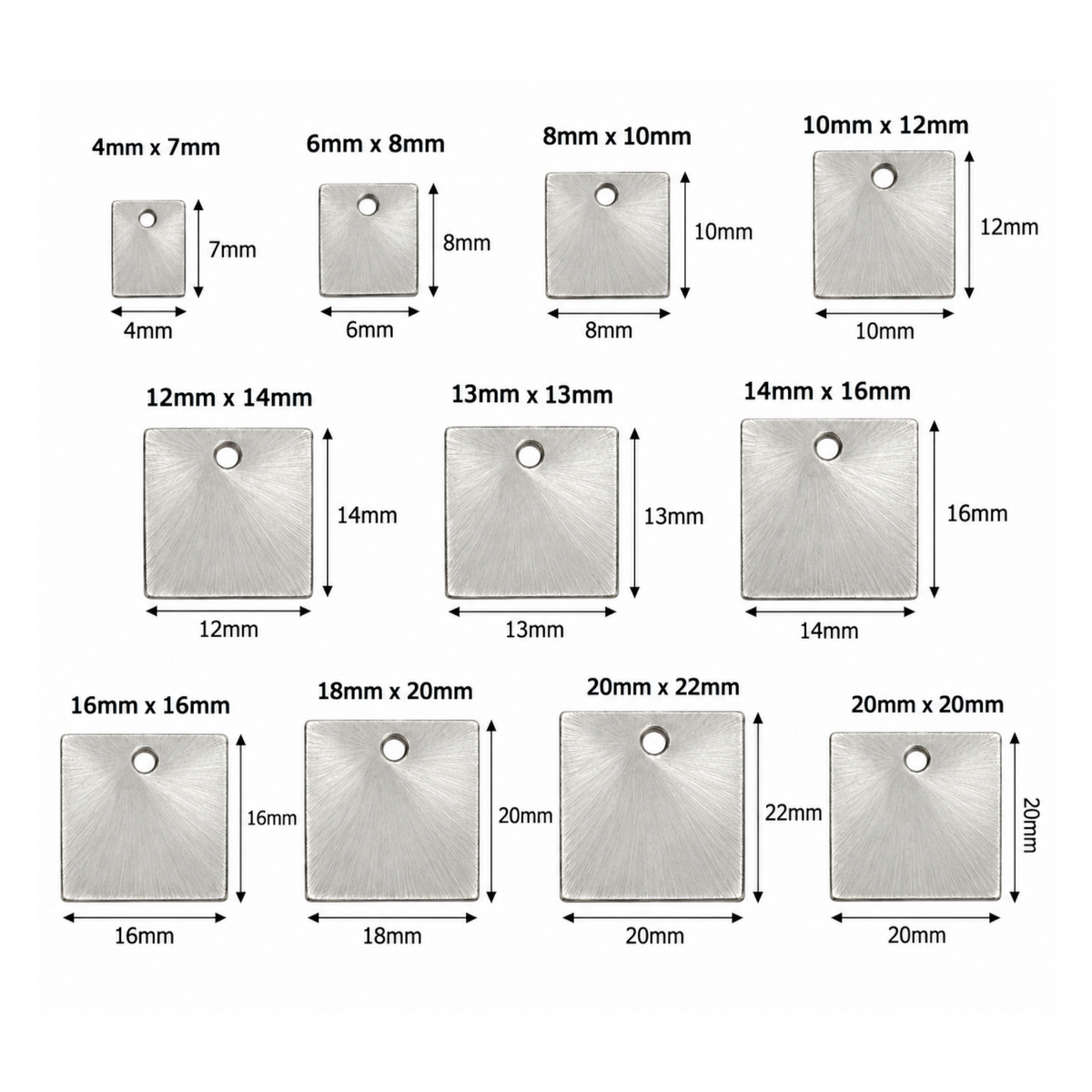 Silver-finish square jewelry components shown with measurements