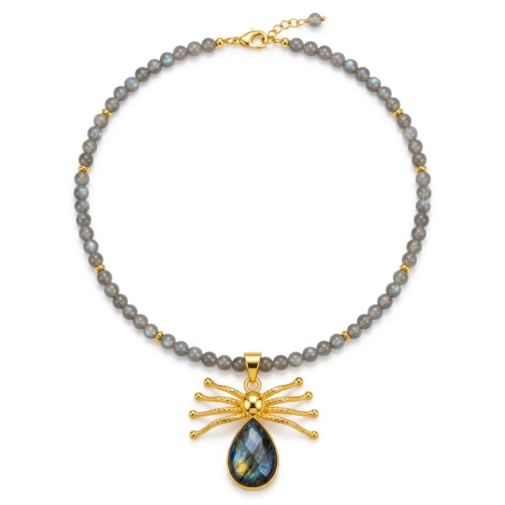 A beaded necklace featuring gray labradorite beads with small gold spacer beads, a gold spider-shaped pendant, and a teardrop-shaped labradorite stone with iridescent blue and gold flashes.