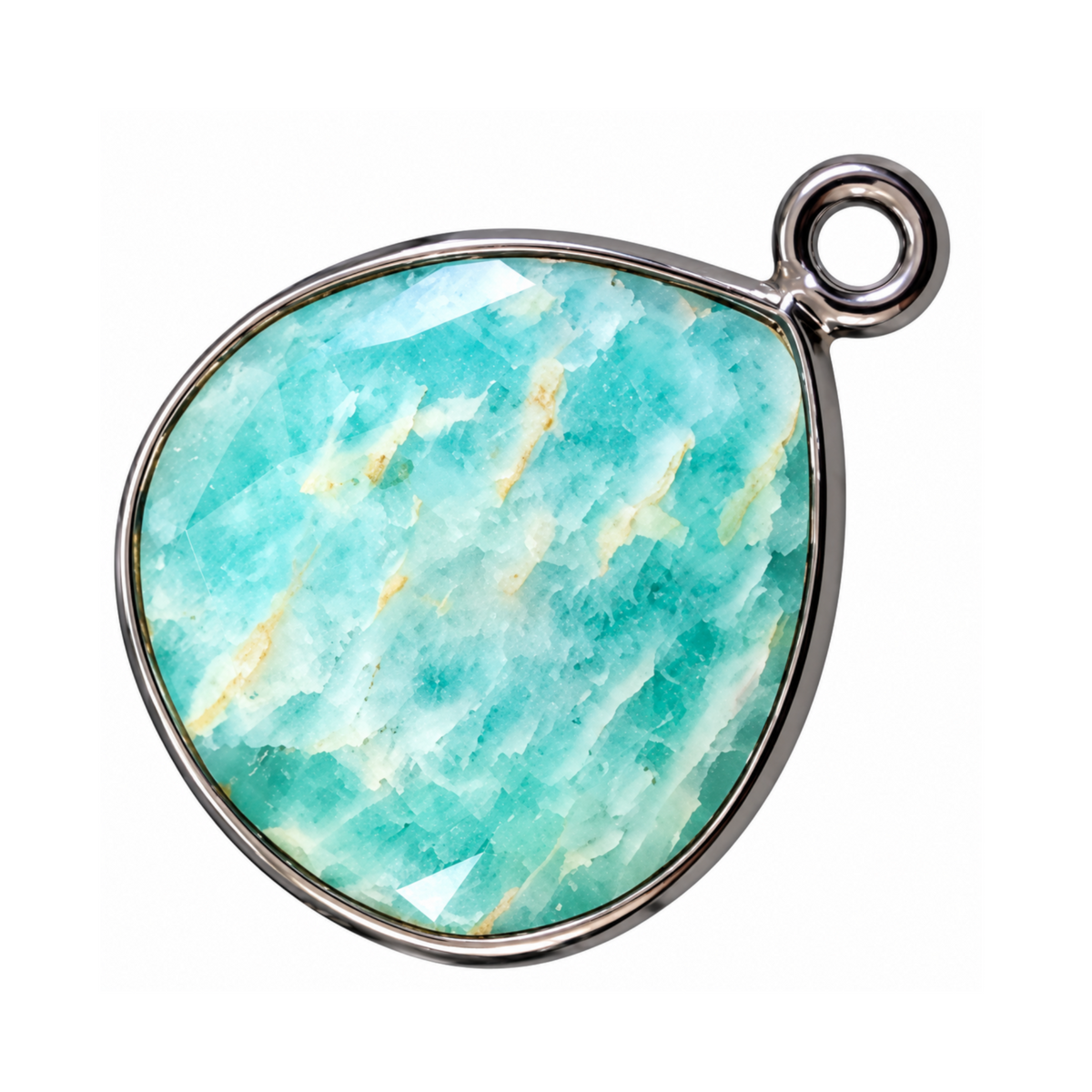 Natural amazonite teardrop heart pendant, 15 x 15 mm, with aqua and cream streaks in a faceted stone and gunmetal-plated bezel.
