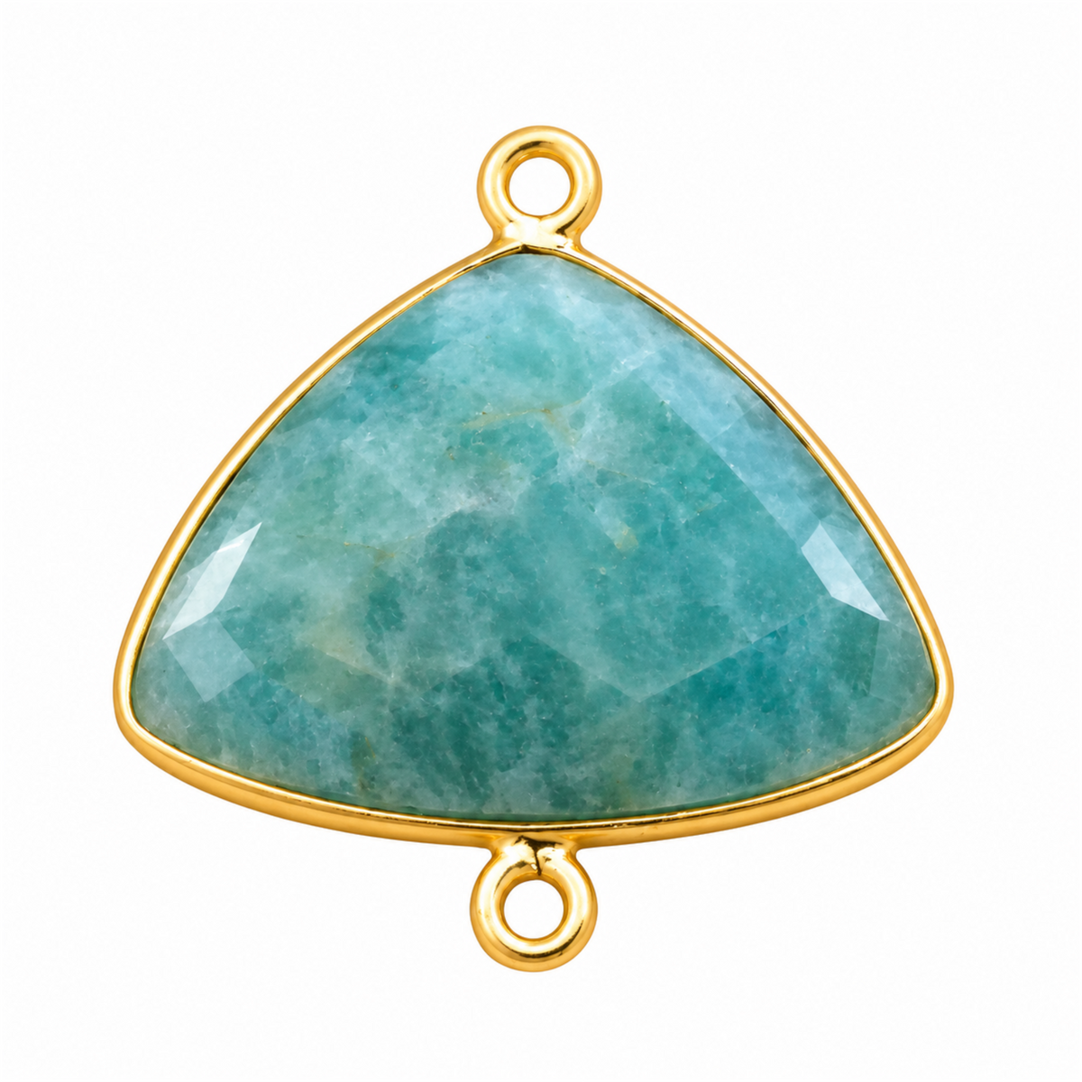 Faceted rounded triangular amazonite connector in a gold-plated bezel with top and bottom attachment loops.