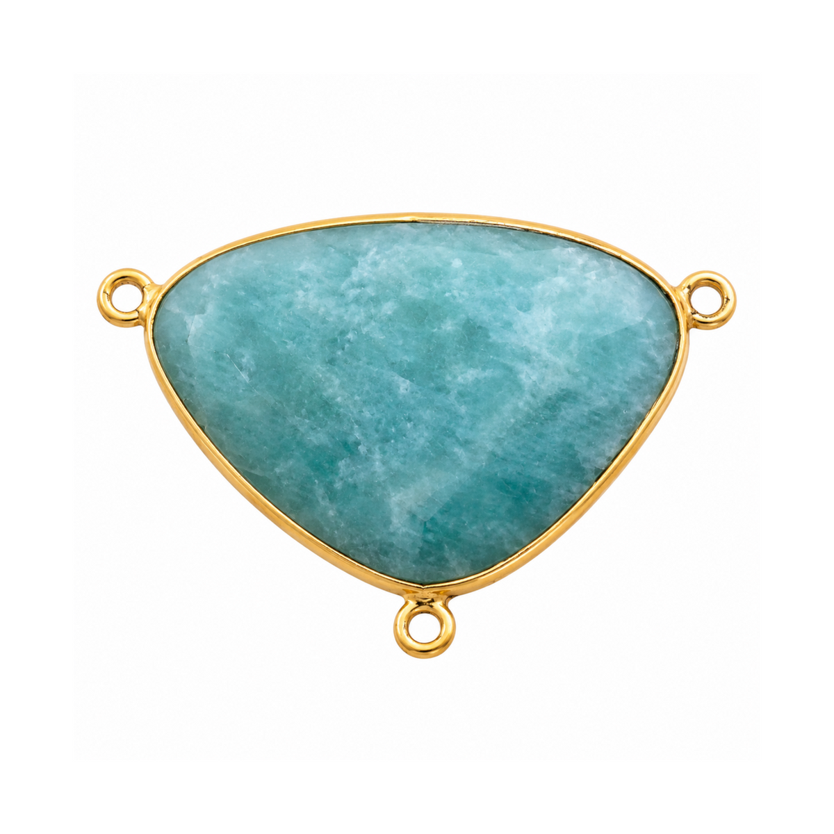 Wide rounded triangular amazonite connector in a gold-plated bezel with two upper loops and one lower loop.