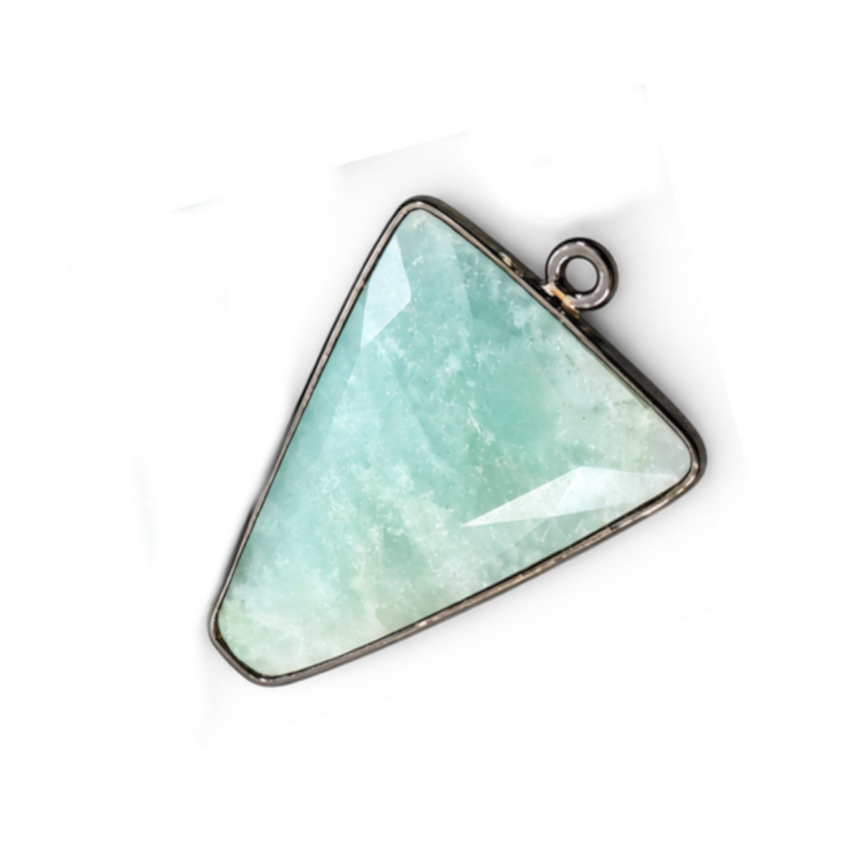 Natural amazonite triangle arrow pendant, 20 x 30 mm, with a faceted pale aqua stone and gunmetal-plated bezel.
