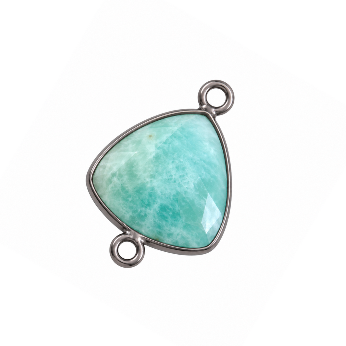 Natural amazonite triangle connector, 14 x 14 mm, with rounded corners, a faceted aqua stone, gunmetal-plated bezel and two loops.
