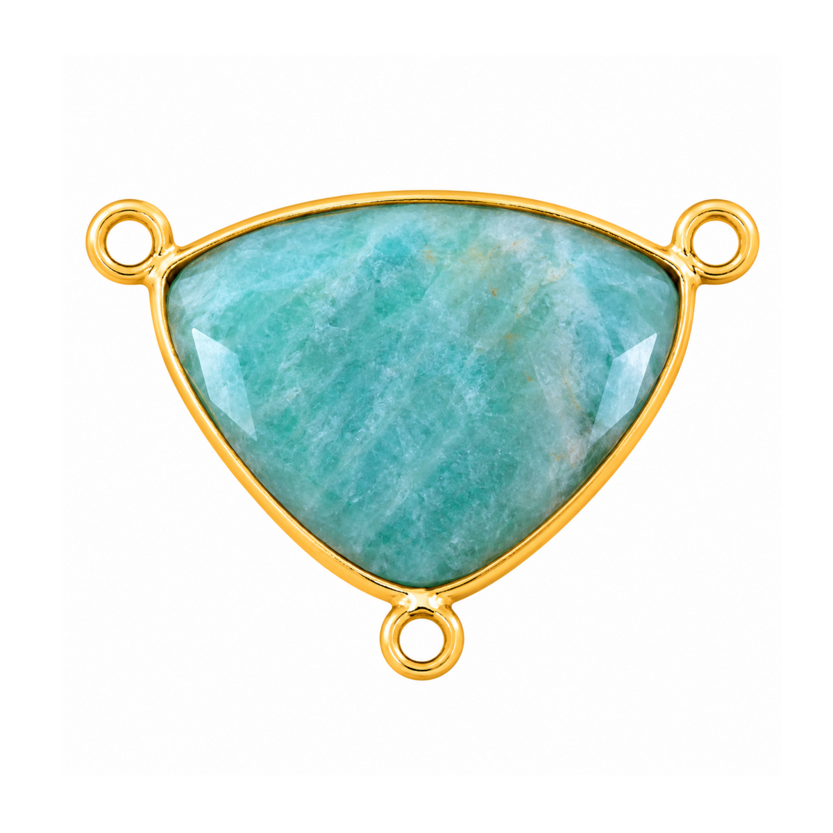 Rounded triangular amazonite connector in a gold-plated bezel with an attachment loop at each corner.