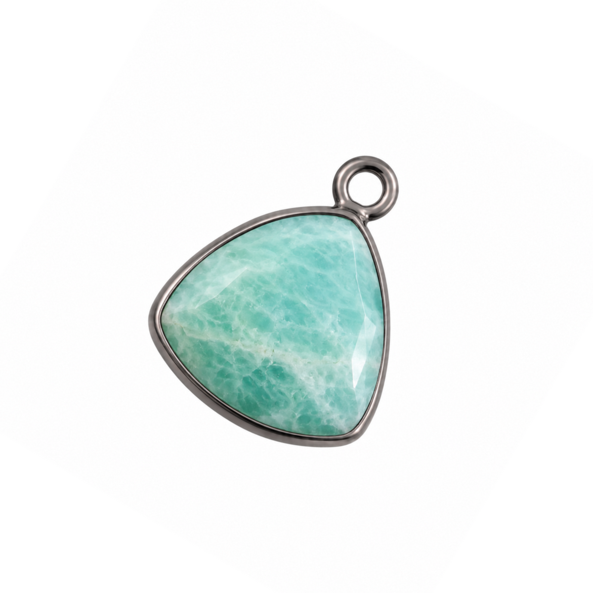 Natural amazonite triangle pendant, 14 x 14 mm, with rounded corners, a faceted aqua-green stone and gunmetal-plated bezel.
