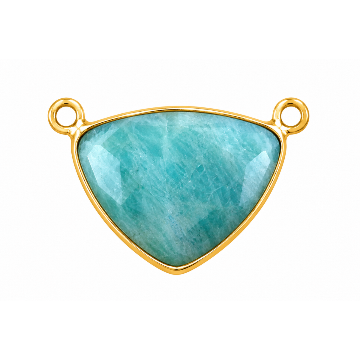 Faceted rounded triangular amazonite connector with a gold-plated bezel and two loops along the upper edge.