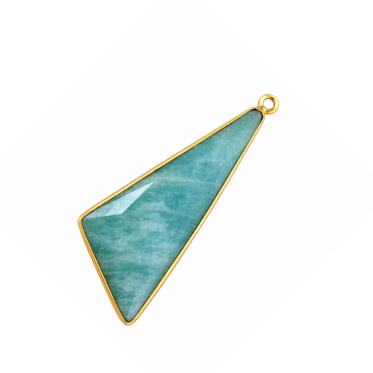 Long sail-shaped triangular amazonite pendant with a gold-plated bezel and one loop at its narrow tip.