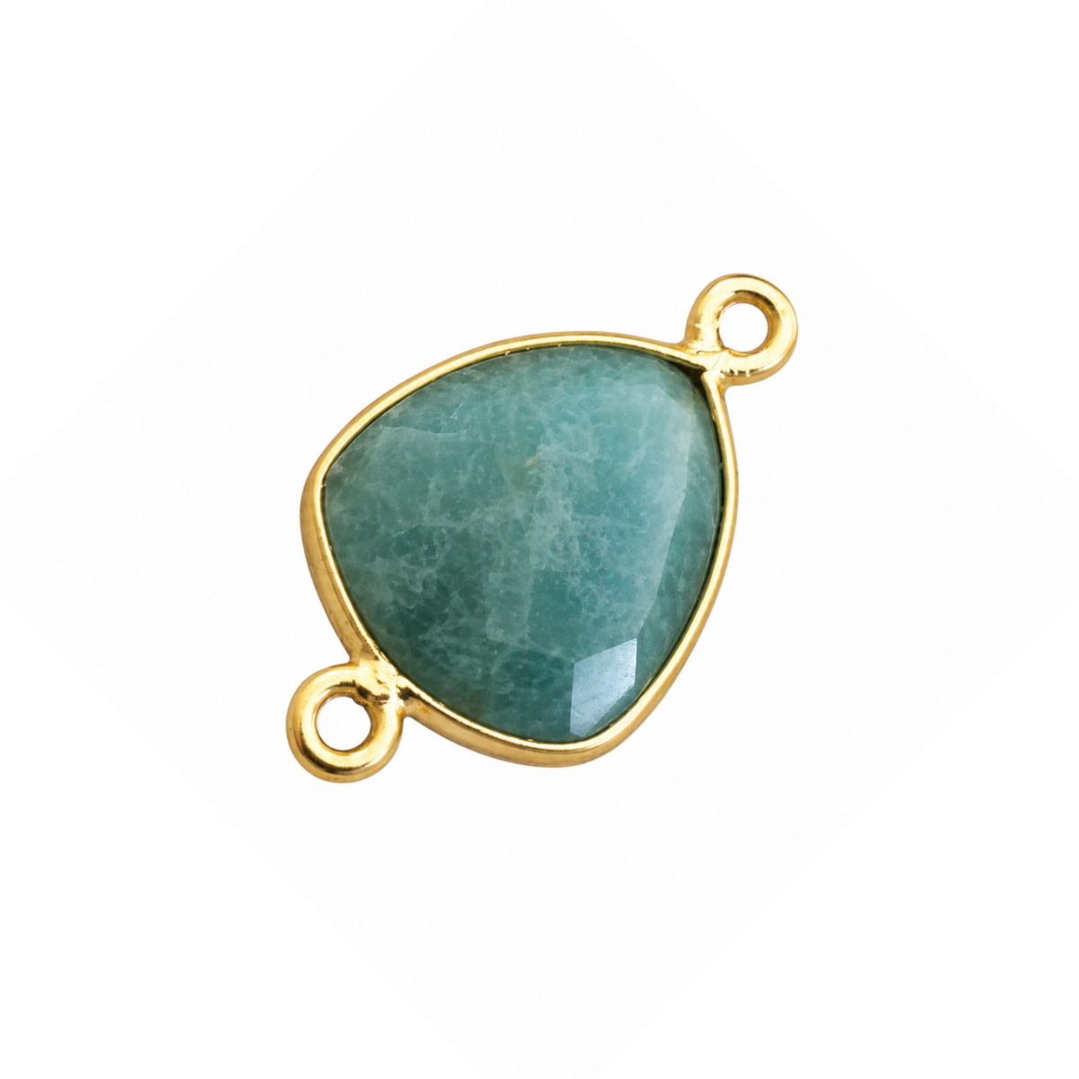 Small rounded triangular amazonite connector with a gold-plated bezel and two opposite attachment loops.