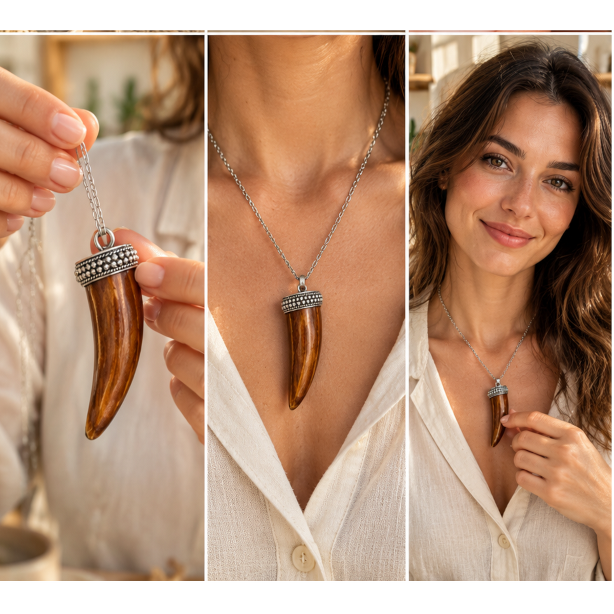 Brown ox bone tusk pendant with silver cap shown on a chain and worn as a necklace
