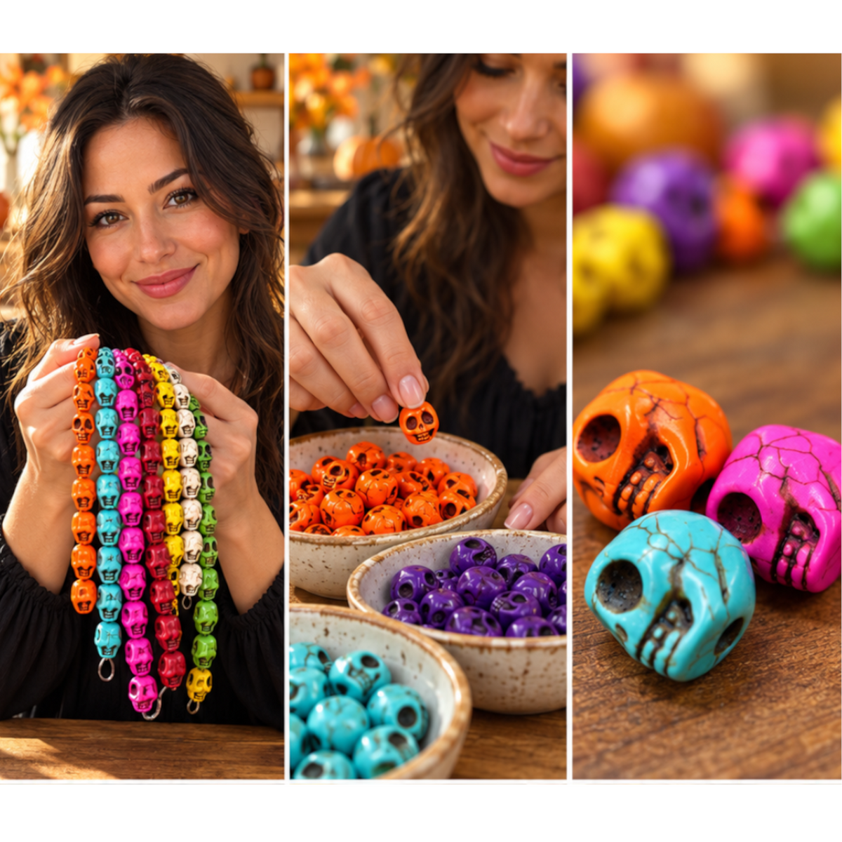 Colorful howlite skull bead strands, beads sorted in bowls, and close-ups of orange, hot pink, and turquoise-blue skull beads